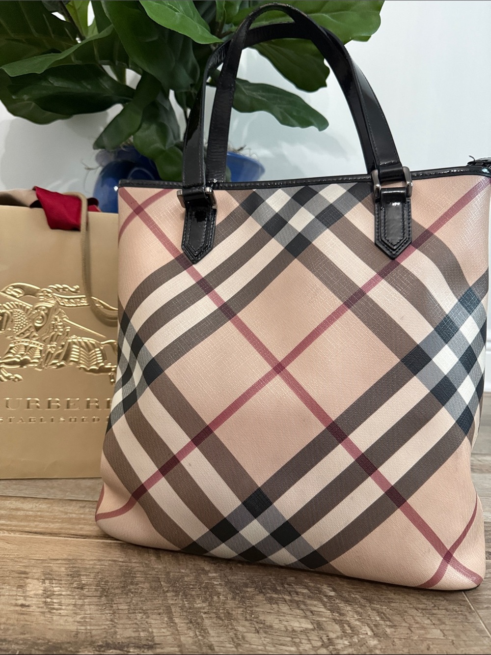 Burberry Beige and Black Check Tote with Red Accent